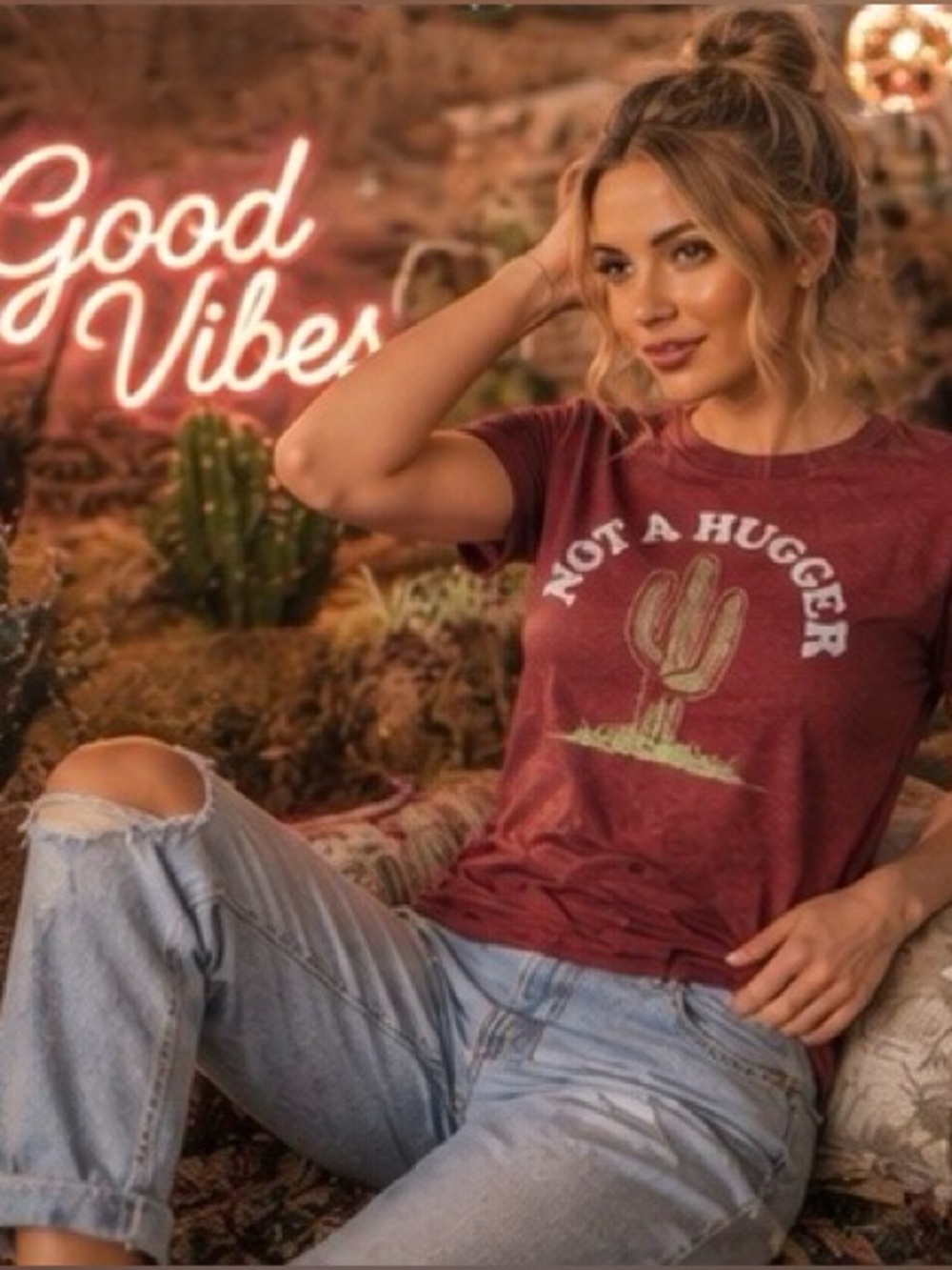 Instant Message - Not A Hugger Cactus Graphic Tee - Maroon